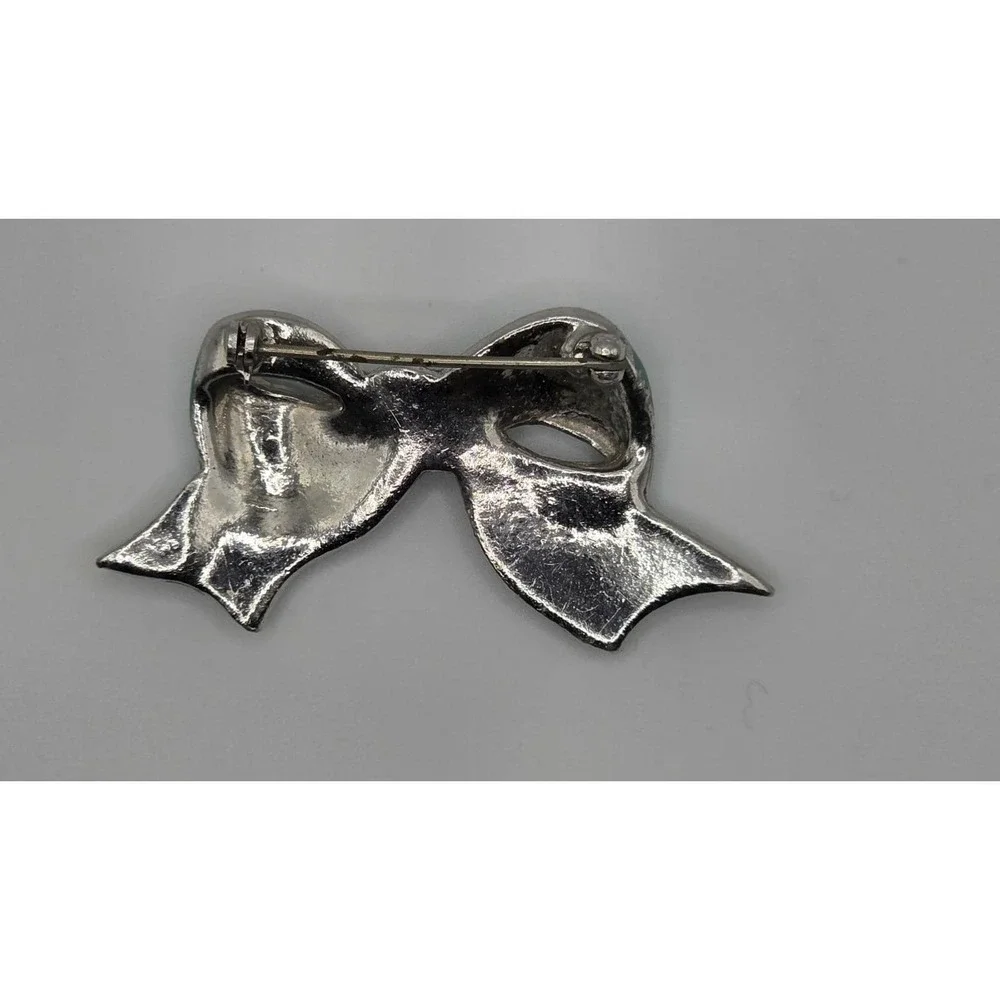 Vintage Silver Tone Blue Enamel Bow Brooch Rhinestone Statement Piece